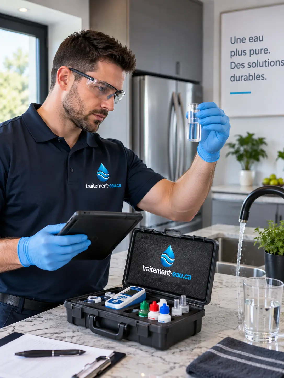 Technicien effectuant une analyse d'eau à la cuisine